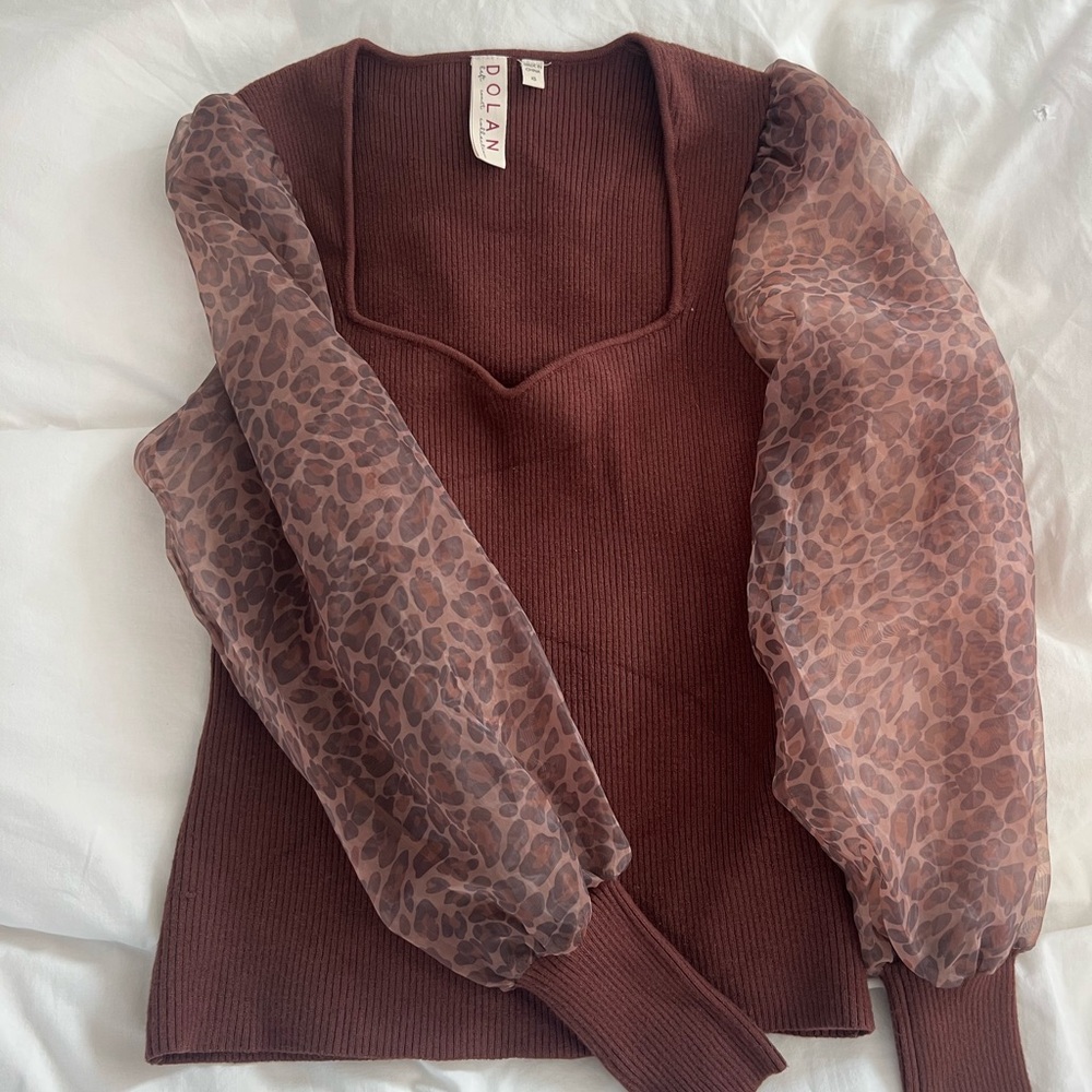 Anthropologie Brown Blouse with Sheer Leopard Sleeves